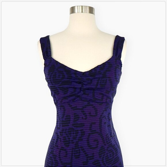 Free People Purple Black Floral Textured Stretch Knit Empire Sleeveless Dress L - Picture 3 of 5